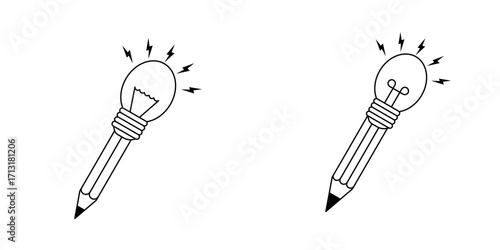 Creative vector illustration of a pencil with a glowing light bulb at its tip, symbolizing inspiration, innovation, and smart ideas. This unique design combines the concept of learning.