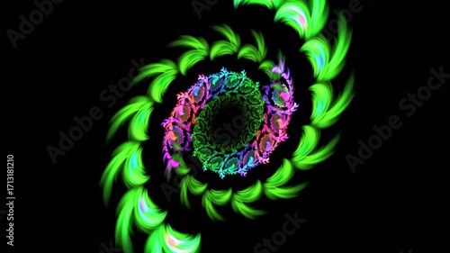 Abstract psychedelic background with curved shapes transformation, twirling. Optical illusion changes. Glowing spots flashing, hypnotic revolving, creating spiraliform construction. 4K UHD 4096x2304