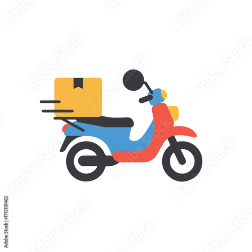 Scooter with a box speeding along suitable for delivery services, transportation, urban lifestyle, courier services, fast delivery, shipping concepts.