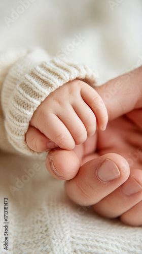 Tender connection: baby holding father's finger close-up for family and parenthood themes