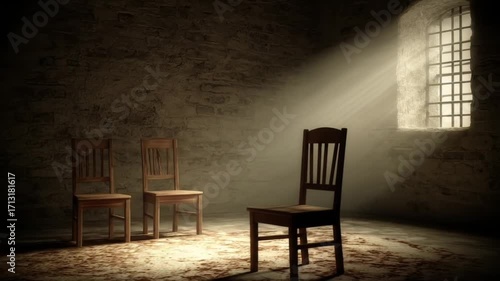 Two wooden chairs sit in a dimly lit room, illuminated by a single window with barred light.