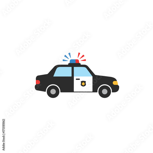 Police car with blue and red lights for emergency services, law enforcement, security, crime scene, and traffic control designs.
