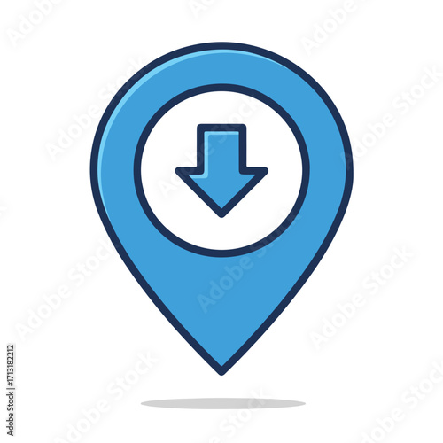 Blue map pin directs downward, perfect as a location indicator in travel websites, navigation apps, or business presentations emphasizing directions.