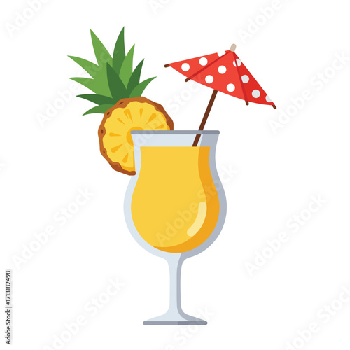Tropical cocktail with pineapple garnish and polka dot umbrella, perfect for summer party invitations, beach bar flyers, or tropicalthemed designs.