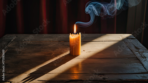 Candle on wooden table - rustic style - amber tones - candlelight