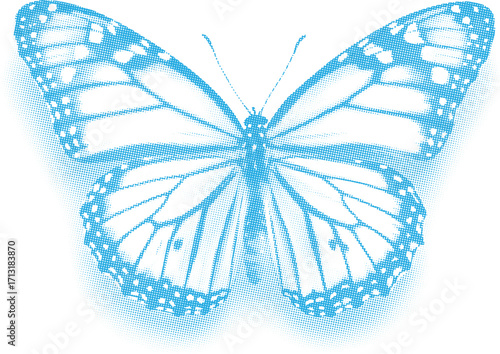 Vector halftone dots art of a blue butterfly with intricate wing patterns
