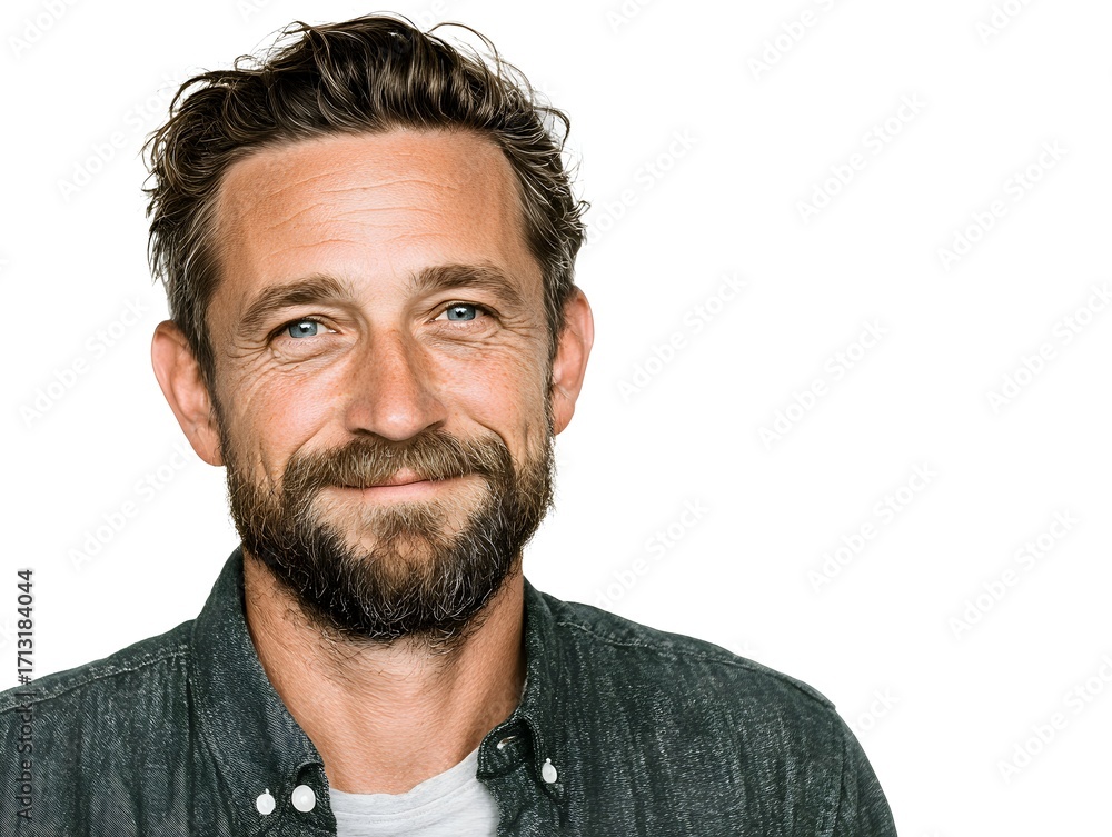 Obraz premium Attractive mature man smiles warmly, looking directly at the camera with a friendly, inviting expression.