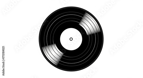 A black vinyl record with a white label and a small hole in the center on a plain white background created with generative ai