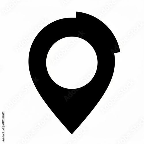 Black location pin with a circular cutout and a partial arc on top against a white background created with generative ai