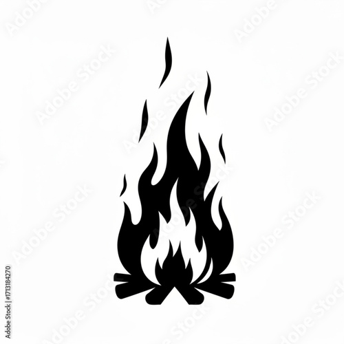 Illustration of a stylized black bonfire with flames and logs on a white background design element created with generative ai