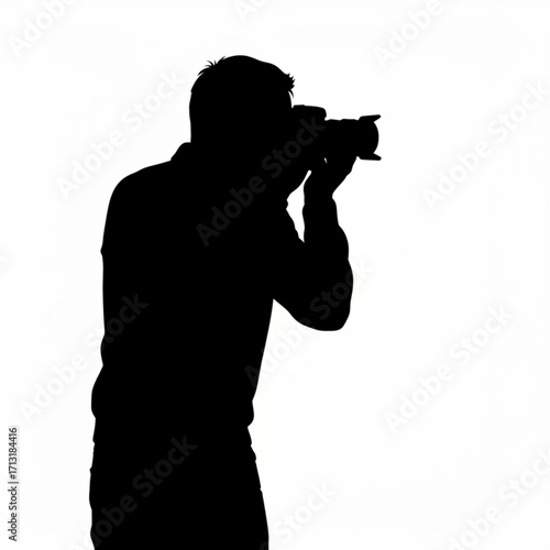 Silhouette of a photographer holding a camera taking a picture against a white background in a studio created with generative ai