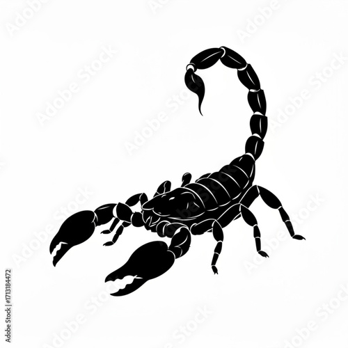 Illustration of a detailed black scorpion with segmented body and large pincers on a white background created with generative ai