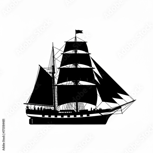Silhouette of a tall ship with multiple sails and a flag at the top sailing on the ocean water surface created with generative ai