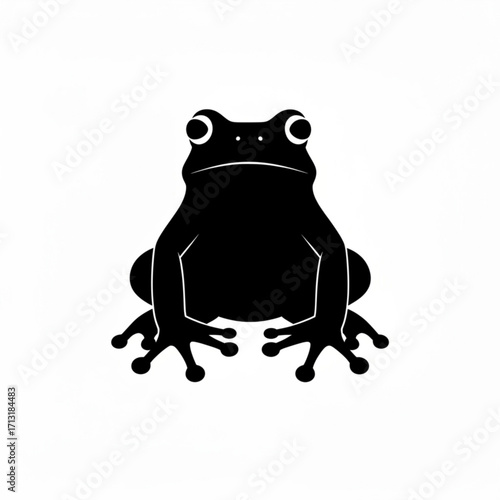Illustration of a black frog with big eyes sitting on a white background looking straight ahead at the viewer created with generative ai