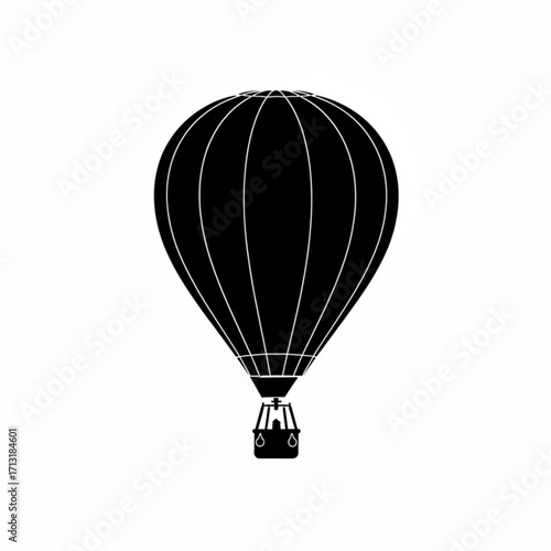A black and white illustration of a hot air balloon with a basket hanging below it on a white background created with generative ai