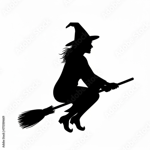 Silhouette of a witch with a pointed hat riding a broomstick in a halloween themed illustration created with generative ai
