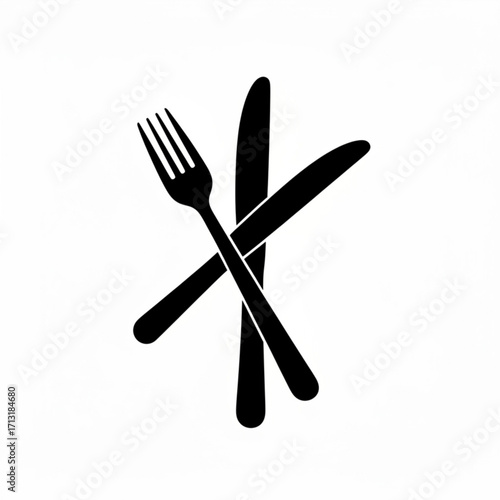 Illustration of a black fork crossed with a knife on a white background, simple and minimalist design created with generative ai