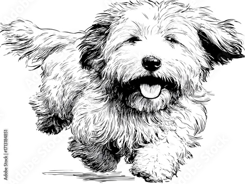 Wallpaper Mural A happy fluffy dog runs toward the viewer with its tongue out in a detailed black and white illustration. Torontodigital.ca