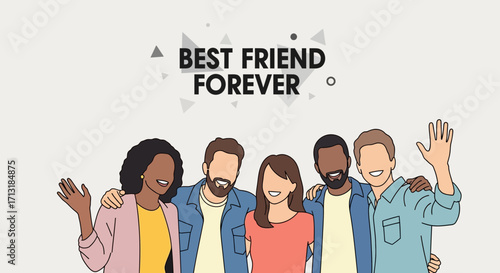 Diverse group of best friends smiling, embracing, and waving, celebrating friendship.