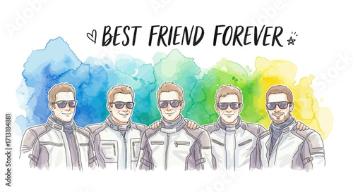Illustration of five men wearing sunglasses and matching jackets, standing shoulder-to-shoulder with a watercolor background and the text "Best Friend Forever".