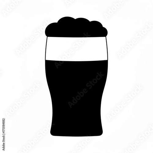 Illustration of a foamy dark beer in a glass with a white stripe and a black silhouette style design element created with generative ai