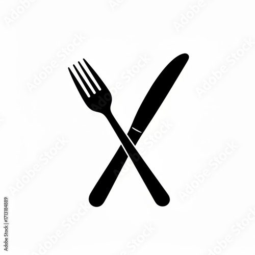A simple black and white illustration of a crossed fork and knife on a plain white background design element created with generative ai