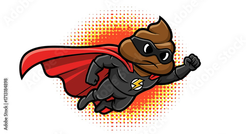 A funny cartoon poop character dressed as a superhero with a red cape, flying with a determined expression.