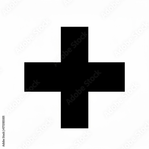 A simple black plus sign on a white background with a bold and clean design in the center of the frame