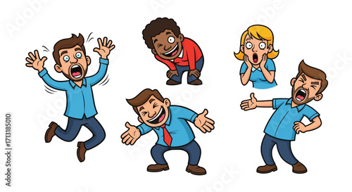 Cartoon illustration of five diverse people expressing different emotions: fear, joy, surprise, anger, and excitement.