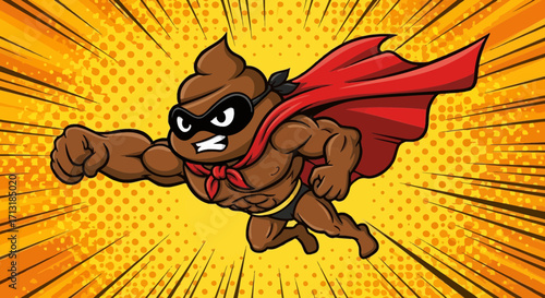 Cartoon illustration of a muscular anthropomorphic poop character wearing a superhero costume, including a cape and mask, flying against a dynamic yellow and...