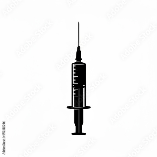 Illustration of a black and white syringe with a needle and measurements on the side of the barrel