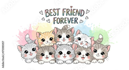 Adorable kittens huddle together, surrounded by pastel watercolor splashes, proclaiming "Best Friend Forever.".