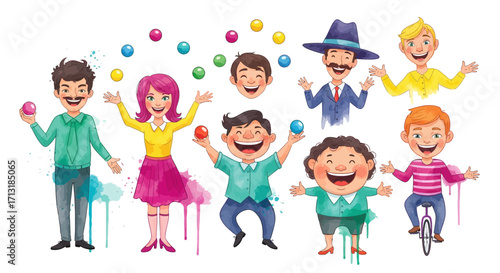 Colorful cartoon characters juggling and enjoying a playful activity.