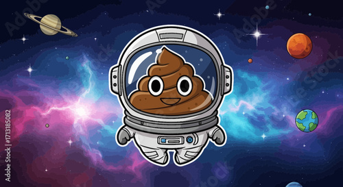 Cute cartoon poop emoji in an astronaut suit exploring outer space.
