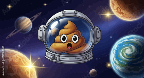 A cartoonish poop emoji wearing an astronaut helmet, floating in outer space, surrounded by planets.