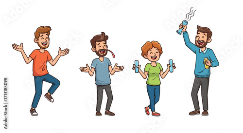 Four cartoon people celebrating: one dancing with open arms, one with a pipe, one lifting dumbbells, and one cheering with a drink.