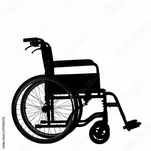 Silhouette of a wheelchair with large wheels and footrests on a white background in a studio setting