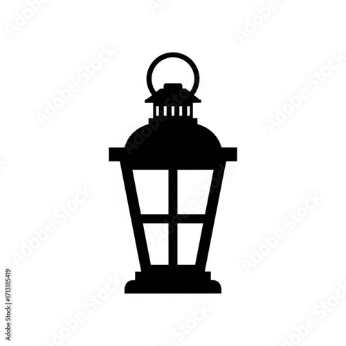 Silhouette image of a traditional lantern with a ring handle and four window panes in black color