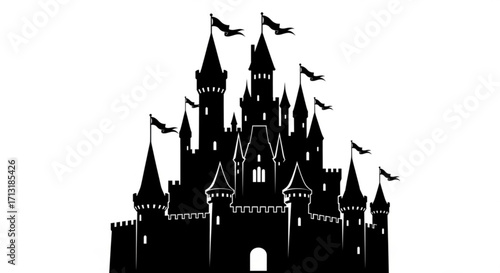 Silhouette of a majestic castle with multiple towers and flags against a white background scene design