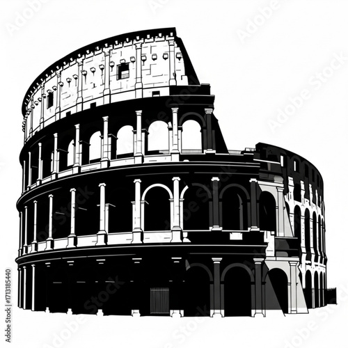 Illustration of the colosseum in black and white showing the architecture and historical landmark details
