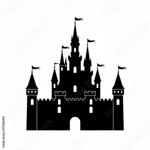 Silhouette of a majestic castle with multiple towers and flags against a white background creating a fantasy scene