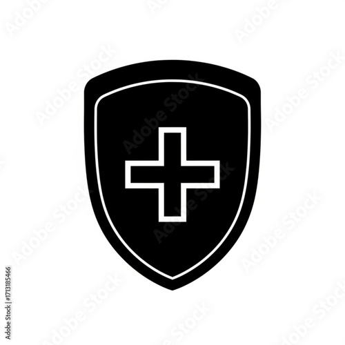 Black shield with white outline containing a white plus symbol in the center of the shield design