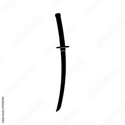 Silhouette of a traditional japanese katana sword with curved blade and handle on a plain white background