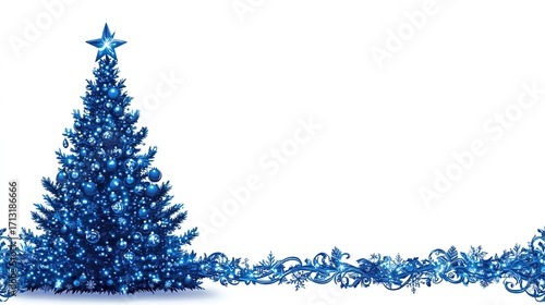 Blue Christmas Tree with Ornaments and Star, Snowflake - adorned Border for Festive Design