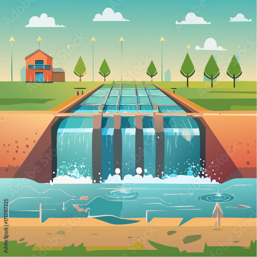 Irrigation Canal System in Village Scene
