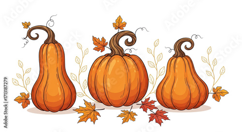 Charming autumn pumpkins with leafy adornments and whimsical curling vines across a dark background