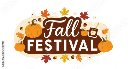 Colorful fall festival banner with pumpkins leaves and warm beverage iconography