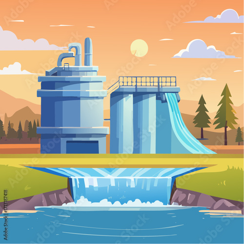 Clean Energy Hydro Power Plant Illustration