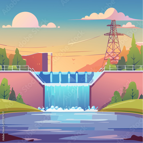 Hydroelectric Power Dam at Sunset Landscape