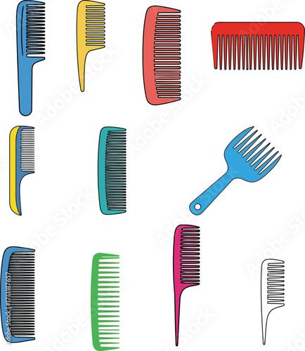 A large vector set of colorful hair comb icons a flat design collection of different hairstyling tools for beauty, salon and barbershop concepts